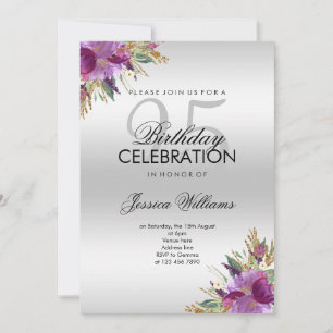 Convites Diamond Glitter Watercolor Flowers Silver Birthday