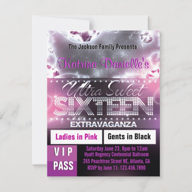 Convites Diamond Glow, 16 VIP Pass Invite [Rosa] (Frente)