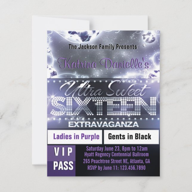 Convites Diamond Glow Doce 16 VIP Pass Invite Roxo (Frente)