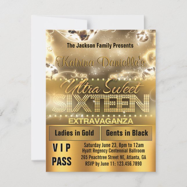 Convites Diamond Glow Sweet 16 VIP Pass Invite [Dourado] (Frente)