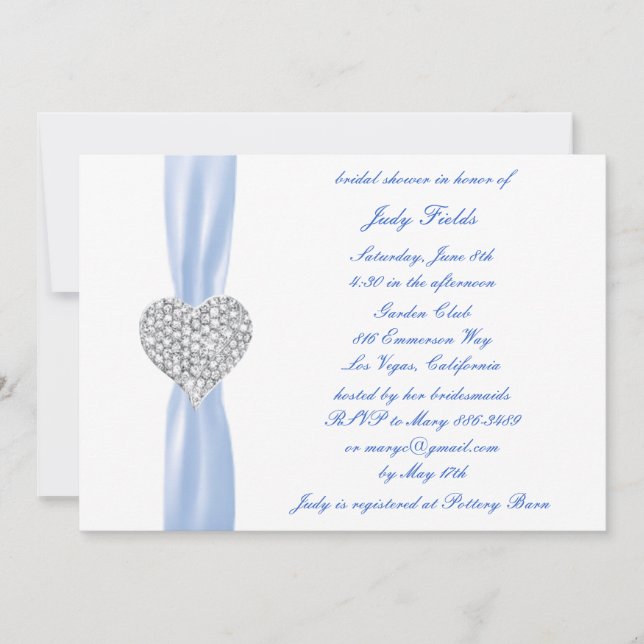 Convites Diamond Heart Blue Wedding Chá de panela Conite (Frente)
