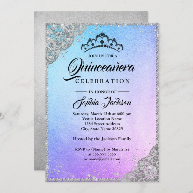 Convites Diamond Lace Sparkle Blue Purple Quinceanera (Frente/Verso)