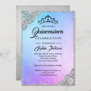 Convites Diamond Lace Sparkle Blue Purple Quinceanera
