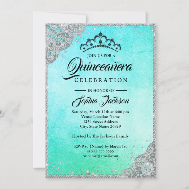 Convites Diamond Lace Sparkle Blue Teal Quinceanera (Frente)