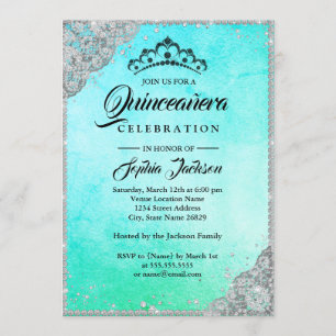 Convites Diamond Lace Sparkle Blue Teal Quinceanera