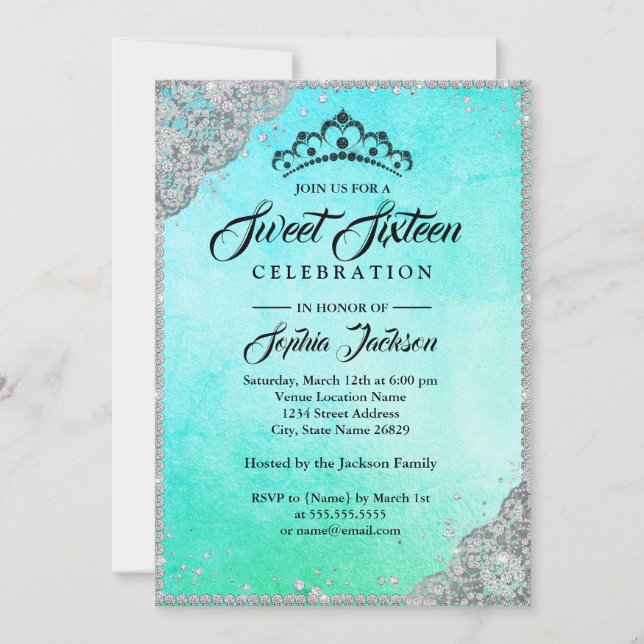 Convites Diamond Lace Sparkle Blue Teal Sweet Dezesseis (Frente)