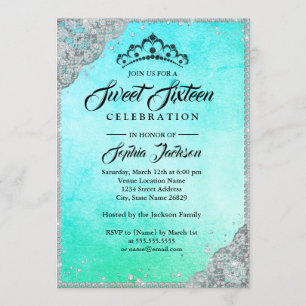 Convites Diamond Lace Sparkle Blue Teal Sweet Dezesseis