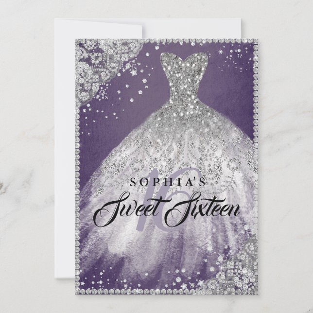 Convites Diamond Lace Sparkle Gown Purple Sweet 16 (Frente)