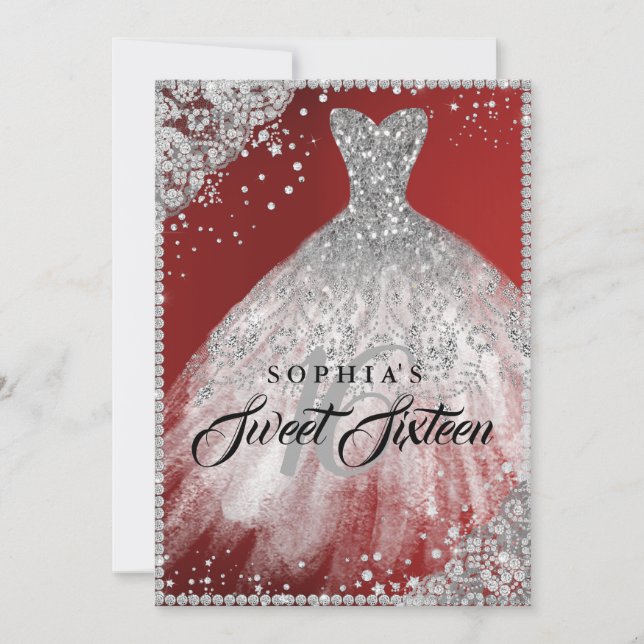 Convites Diamond Lace Sparkle Gown Red Silver Sweet 16 (Frente)