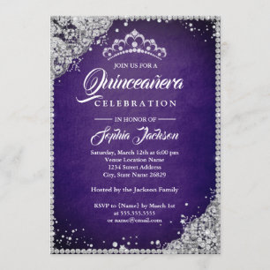Convites Diamond Lace Sparkle Purple Silver Quinceanera