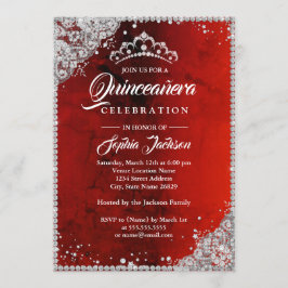 Convites Diamond Lace Sparkle Red Silver Quinceanera