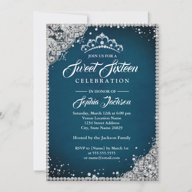 Convites Diamond Lace Sparkle Tiara Blue Silver Sweet 16 (Frente)