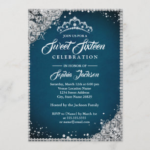 Convites Diamond Lace Sparkle Tiara Blue Silver Sweet 16