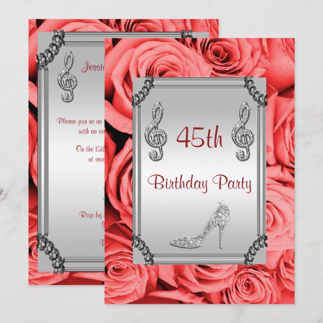 Convites Diamond Music Note, Stiletto e Rosa vermelha 45th (Frente/Verso)