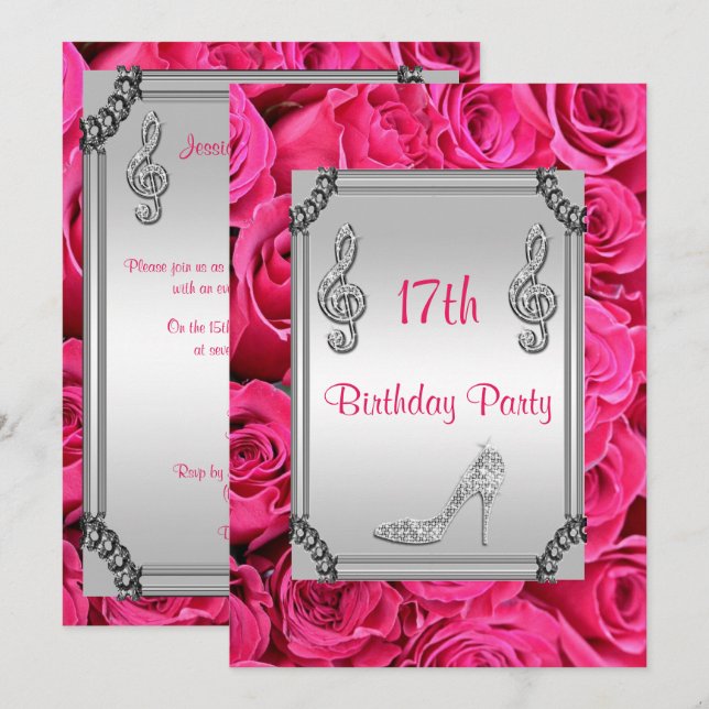 Convites Diamond Music Note, Stiletto & Pink Roses 17th (Frente/Verso)