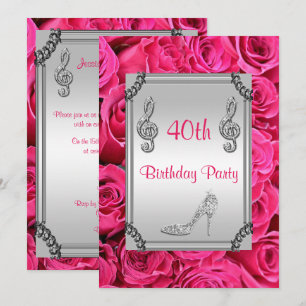 Convites Diamond Music Note, Stiletto & Pink Roses 40th