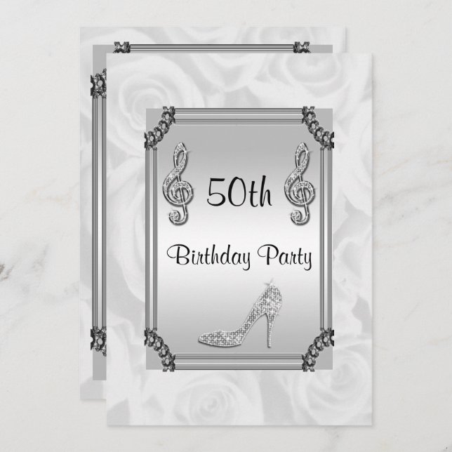 Convites Diamond Music Note, Stiletto & White Roses 50th (Frente/Verso)