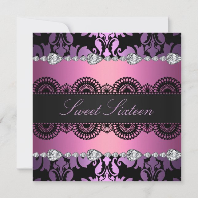Convites Diamond Purple/Pink Sweet16 Aniversário (Frente)