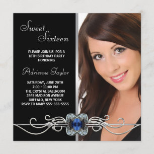 Convites Diamond Silver Black Photo Sweet Six Birthday