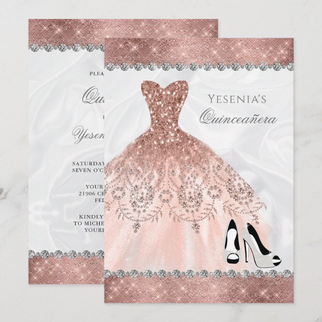 Convites Diamond Sparkle rosa Dourado Glam Quinceanera (Frente/Verso)