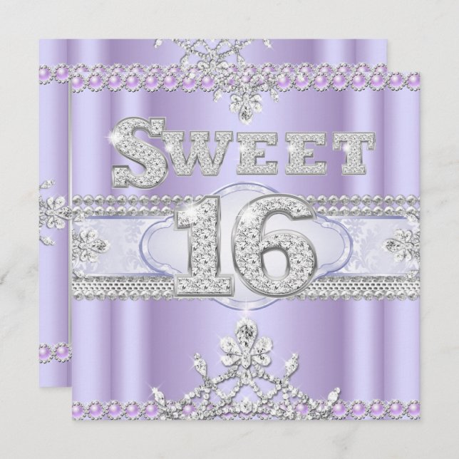 Convites Diamond Sweet 16, Partido Purple Lilac (Frente/Verso)