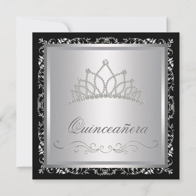 Convites Diamond Tiara Black Damask Quinceanera (Frente)