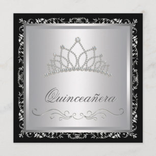 Convites Diamond Tiara Black Damask Quinceanera
