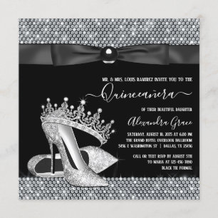 Convites Diamond Tiara Calçado Glam Black Tie Quinceanera