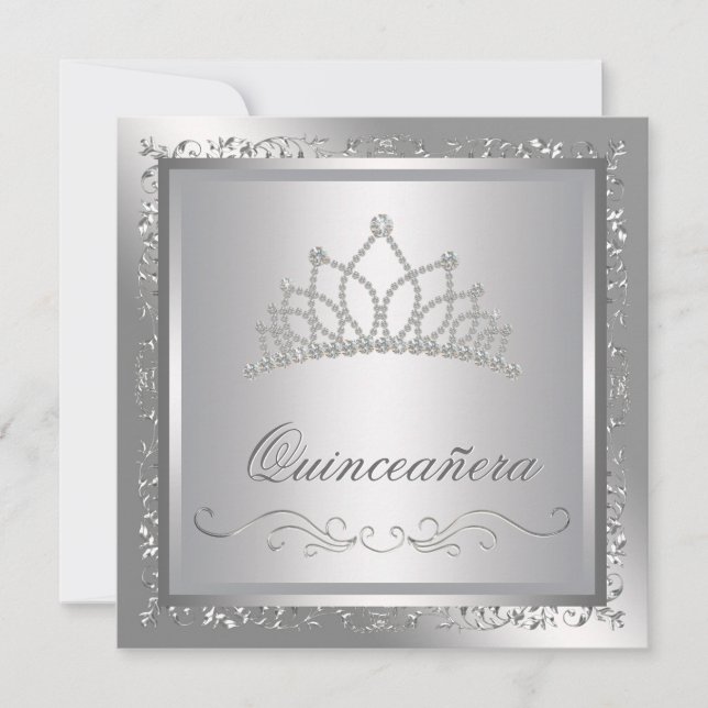 Convites Diamond Tiara Elegante Silver Damask Quinceanera (Frente)