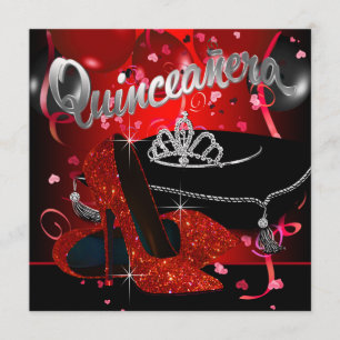 Convites Diamond Tiara Red e Black Quinceanera