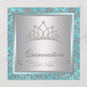 Convites Diamond Tiara Teal Blue Damask Teal Blue Quinceane