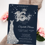 Convites  Diamonds Dress,Diamonds Stars Navy Blue Sweet 16<br><div class="desc">Silver glitter tiara,  dress,  diamonds,  and white stars on a navy blue background.</div>