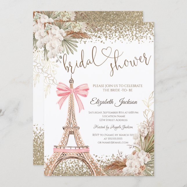 Convites  Diamonds Eiffel Tower Bow Flowers Bridal Shower  (Frente/Verso)