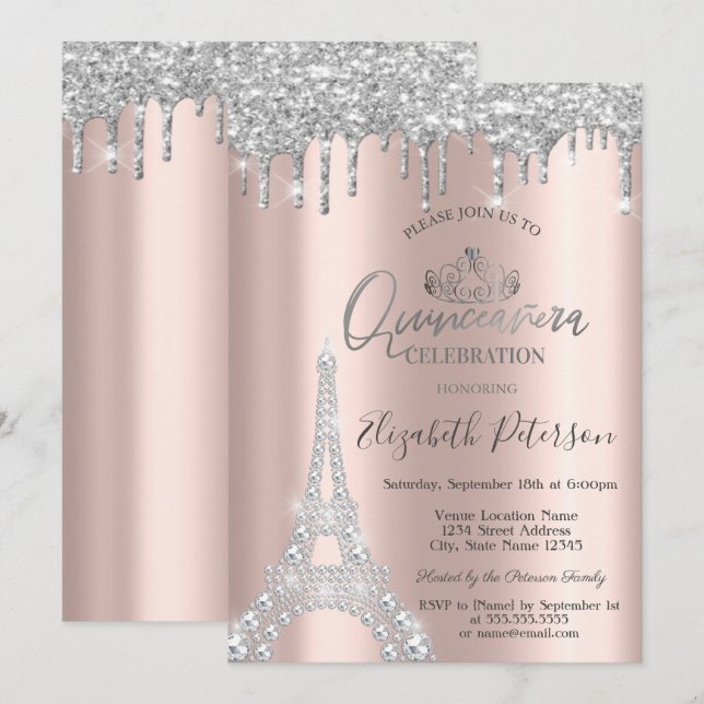 Convites Diamonds Eiffel Tower,Drips Silver Quinceañera (Frente/Verso)