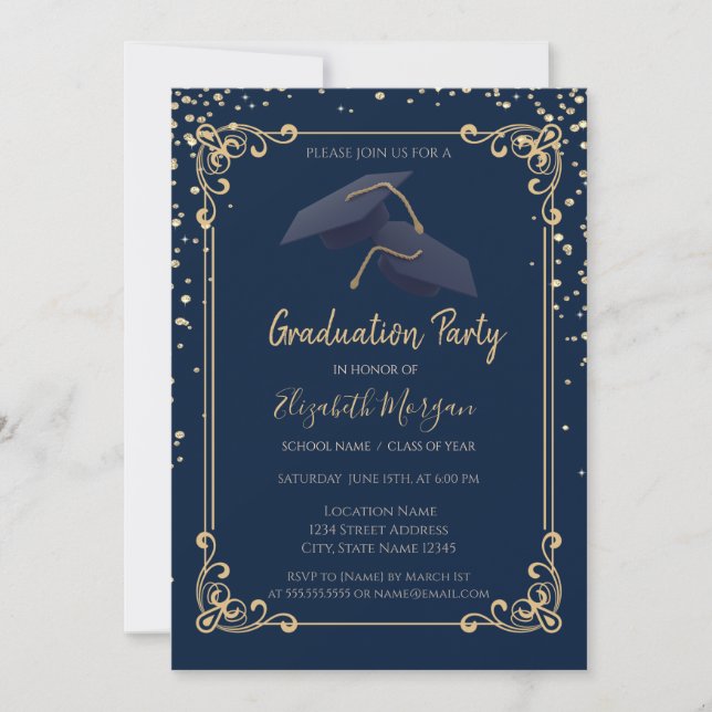 Convites Diamonds Grad Cap Frame Navy Blue Graduation (Frente)