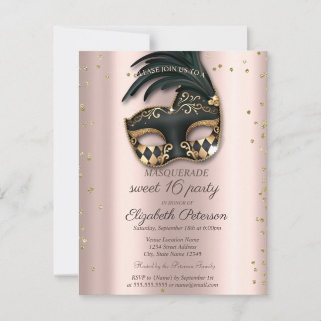 Convites  Diamonds Rose Gold Black Masquerade Sweet 16   (Frente)