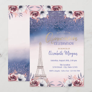 Convites Diamonds,Torre Eiffel Ombre Rosas Quinceanera 