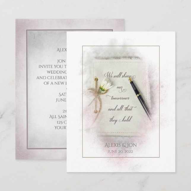 Convites diário de casamento com fonte de caneta e margarid (Frente/Verso)