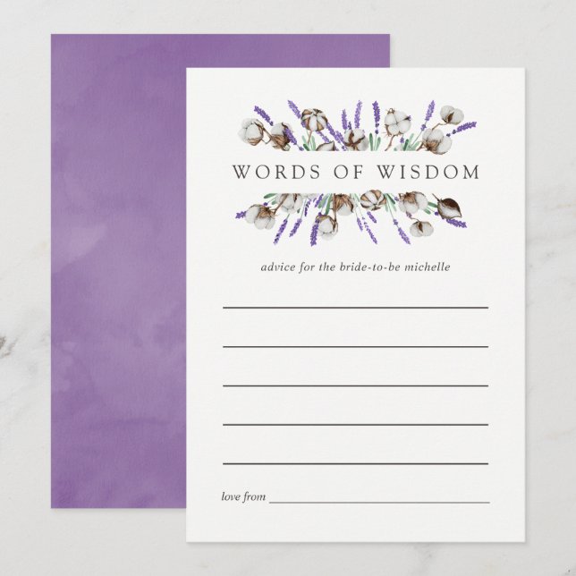 Convites Dicas de Chá de Noiva de Algodão Aquarela Lavanda (Frente/Verso)