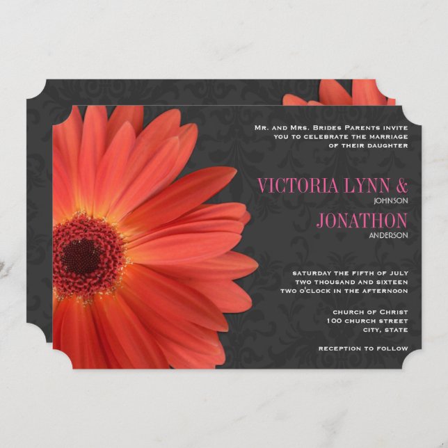 Convites Die Cut Pink Orange Gerber Daisy Wedding (Frente/Verso)