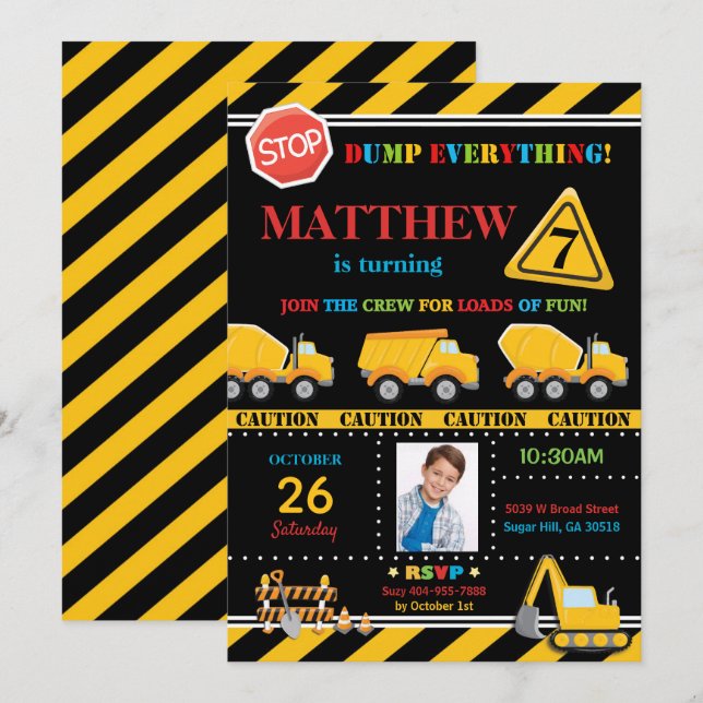 Convites Digers De Festa de aniversário De Construção Despe (Frente/Verso)