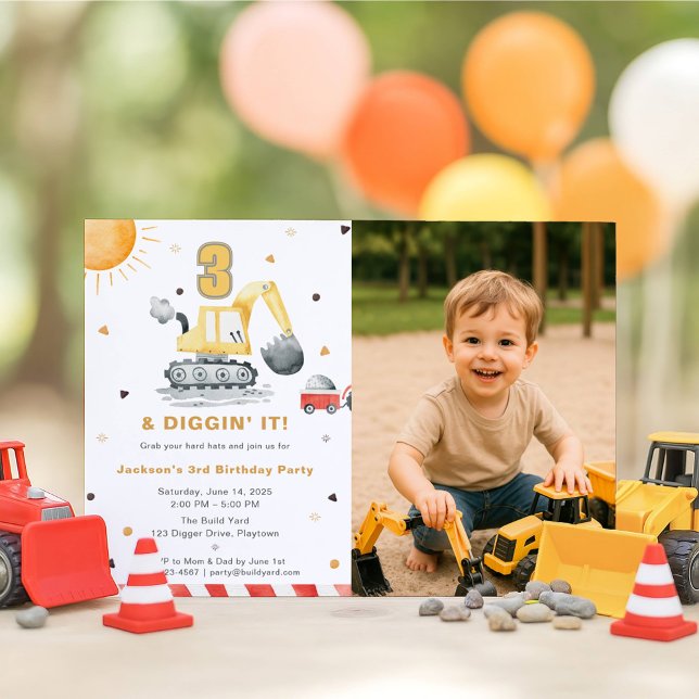 Convites Digger Truck Construction 3rd Birthday Party Photo (Criador carregado)