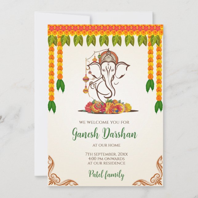Convites digitais Ganpati cartão Ganesh Darshan (Frente)