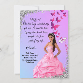 Convites digital 15th birthday card, flower and butterfly