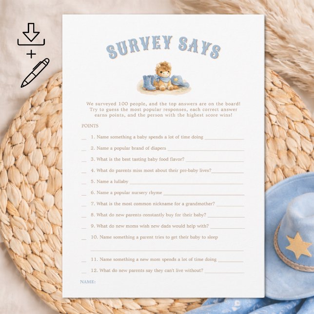 Convites Digital Cowboy Baby Shower Game Survey Says Card (Criador carregado)