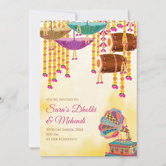 Convites Digital Dholki invites Mehndi invitations, Mehndi  (Frente)