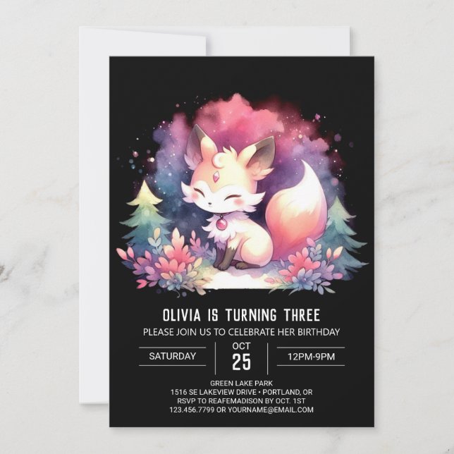 Convites Digital Elegante Dreamy Fox Birthday (Frente)