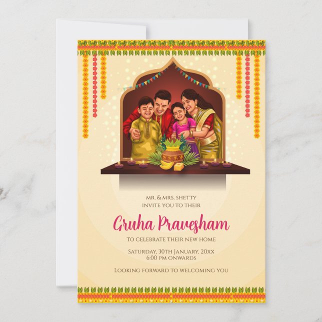 Convites Digital Gruhapravesam convida o lar indiano (Frente)