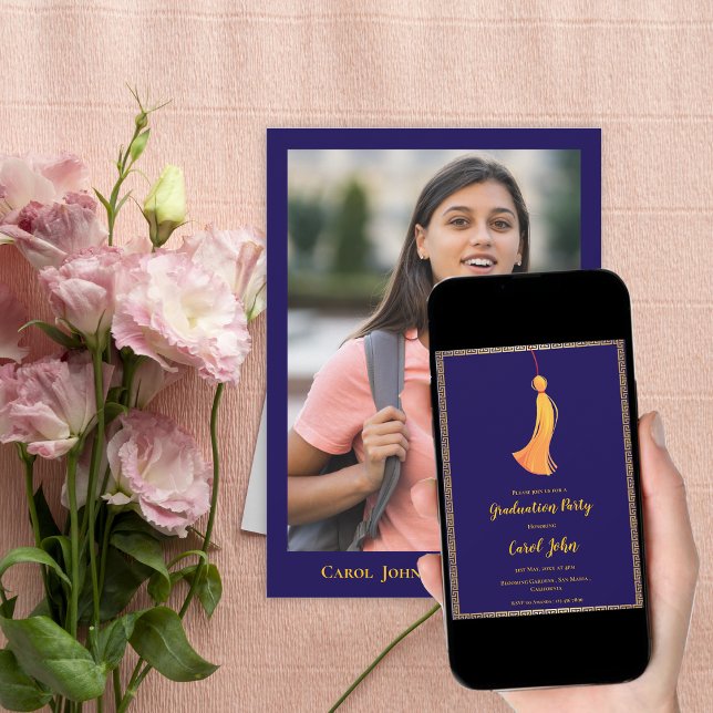 Convites Digital Navy Blue Gold Tassel Graduation Party (Digital Graduation Party Invitation | Navy Blue Gold Tassel Graduation Invite)