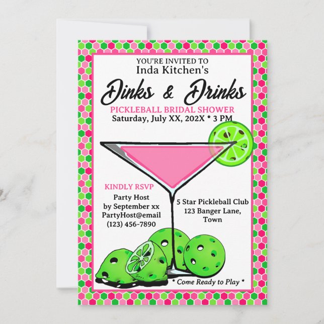 Convites Dinks e Drinks de Pickleball Favo de Mel Rosa (Frente)